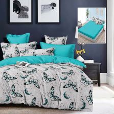 Lenjerie pat dublu Finet Bumbac 6 piese cu husa saltea 160x200 sau 180x200 cm, pilota 200x230 cm, 2 fete perna 50x70 si 70x70 cm, Gri-Albastru, Pucioasa HF6P244