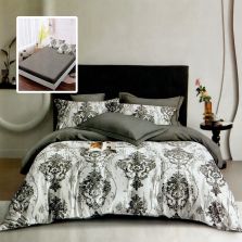 Lenjerie pat dublu Finet Bumbac 6 piese cu husa saltea 160x200 sau 180x200 cm, pilota 200x230 cm, 2 fete perna 50x70 si 70x70 cm, Alb-Gri, Pucioasa HF6P276