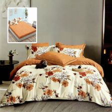 Lenjerie pat dublu Finet Bumbac 6 piese cu husa saltea 160x200 sau 180x200 cm, pilota 200x230 cm, 2 fete perna 50x70 si 70x70 cm, Alb-Portocaliu, Pucioasa HF6P283