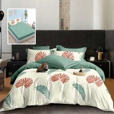 Lenjerie pat dublu Finet Bumbac 6 piese cu husa saltea 160x200 sau 180x200 cm, pilota 200x230 cm, 2 fete perna 50x70 si 70x70 cm, Alb-Verde, Pucioasa HF6P314