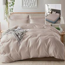 Lenjerie pat dublu Creponata UNI 6 piese, husa saltea 160/180x200 cm, pilota 200x230 cm, 2 fete perna 50x70 si 70x70 cm, Cappucino, Pucioasa