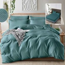 Lenjerie pat dublu Creponata UNI 6 piese, husa saltea 160/180x200 cm, pilota 200x230 cm, 2 fete perna 50x70 si 70x70 cm, Turcoaz, Pucioasa