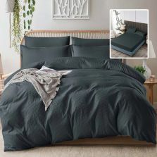 Lenjerie pat dublu Creponata UNI 6 piese, husa saltea 160/180x200 cm, pilota 200x230 cm, 2 fete perna 50x70 si 70x70 cm, Negru, Pucioasa