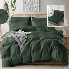 Lenjerie pat dublu Creponata UNI 6 piese, husa saltea 160/180x200 cm, pilota 200x230 cm, 2 fete perna 50x70 si 70x70 cm, Verde, Pucioasa