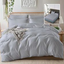 Lenjerie pat dublu Creponata UNI 6 piese, husa saltea 160/180x200 cm, pilota 200x230 cm, 2 fete perna 50x70 si 70x70 cm, Gri, Pucioasa