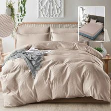 Lenjerie pat dublu Creponata UNI 6 piese, husa saltea 160/180x200 cm, pilota 200x230 cm, 2 fete perna 50x70 si 70x70 cm, Bej, Pucioasa