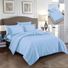 Lenjerie pat dublu 6 piese Damasc Policoton, cu husa saltea 160x200 sau 180x200 cm, pilota 200x230 cm, fete perne 50x70 cm si 70x70 cm, dunga 1 cm Albastru (6DPH4) 