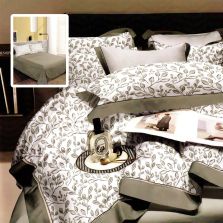 Lenjerie pat dublu Finet Bumbac Elegance 6 piese cearsaf pat 230x250 cm, cearsaf pilota 200x230 cm, 2 fete perna 70x70 cm, 2 fete perna 50x70 cm, Flori Alb Verde, Ralex Pucioasa 