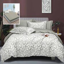 Lenjerie pat dublu Finet Bumbac Elegance 6 piese cearsaf cu elastic saltea 160x200 cm sau 180x200 cm, cearsaf pilota 200x230 cm, 2 fete perna 70x70 cm, 2 fete perna 50x70 cm, Ramuri Verde, Ralex Pucioasa