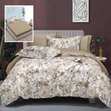 Lenjerie pat dublu Finet Bumbac Elegance 6 piese cearsaf cu elastic saltea 160x200 cm sau 180x200 cm, cearsaf pilota 200x230 cm, 2 fete perna 70x70 cm, 2 fete perna 50x70 cm, Imprimeu floral Bej, Ralex Pucioasa 