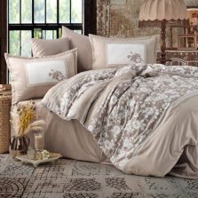 Lenjerie pat premium Lux Satin 100% Bumbac, 4 piese king size, cearsaf 240x260 cm, pilota 200x220 cm, 2 fete perne 50x70 cm, Bej Elegant, Alura V1