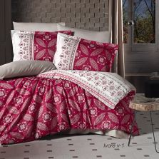 Lenjerie pat premium Lux Satin 100% Bumbac, 4 piese king size, cearsaf 240x260 cm, pilota 200x220 cm, 2 fete perne 50x70 cm, Rosu Elegant, Ivore V1