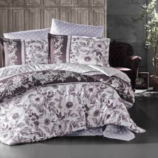 Lenjerie pat premium Lux Satin 100% Bumbac, 4 piese king size, cearsaf 240x260 cm, pilota 200x220 cm, 2 fete perne 50x70 cm, Maro Elegant, Mocha V1