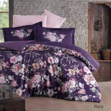 Lenjerie pat premium Lux Satin 100% Bumbac, 4 piese king size, cearsaf 240x260 cm, pilota 200x220 cm, 2 fete perne 50x70 cm, Roz Elegant, Pera