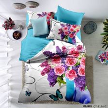 Lenjerie de pat dublu Poplin Percalle imprimat Bumbac 100%, 4 piese, cearsaf 240x260 cm, pilota 200x230 cm, 2 fete perne 50x70 cm, Imprimeu flori Albastru, Pucioasa