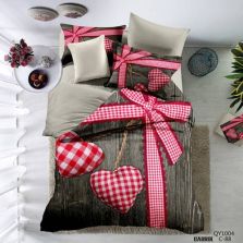 Lenjerie de pat dublu Poplin Percalle imprimat Bumbac 100%, 4 piese, cearsaf 240x260 cm, pilota 200x230 cm, 2 fete perne 50x70 cm, Inima Bej, Pucioasa