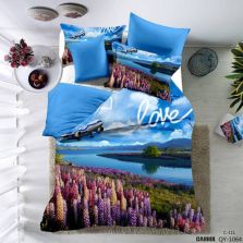 Lenjerie de pat dublu Poplin Percalle imprimat Bumbac 100%, 4 piese, cearsaf 240x260 cm, pilota 200x230 cm, 2 fete perne 50x70 cm, Peisaj primavara Albastru, Pucioasa