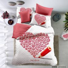 Lenjerie de pat dublu Poplin Percalle imprimat Bumbac 100%, 4 piese, cearsaf 240x260 cm, pilota 200x230 cm, 2 fete perne 50x70 cm, Inimioara Rosu, Pucioasa