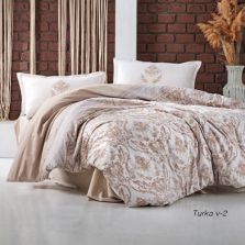 Lenjerie pat dublu Bumbac 100% Ranforce 4 piese extra large, cearsaf pat 240x260 cm, pilota 200x220 cm, 2 fete perne 50x70 cm, Bej TURKA V2