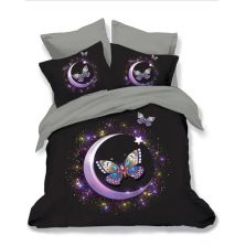 Lenjerie de pat dublu bumbac Finet 3D 6 piese 220 x 240 cm, Fluturasi si luna, Mov, Negru, Pucioasa FN3D2