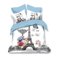 Lenjerie de pat dublu bumbac Finet 3D 6 piese 220 x 240 cm, Flori si Paris, Alb Albastru, Pucioasa FN3D86