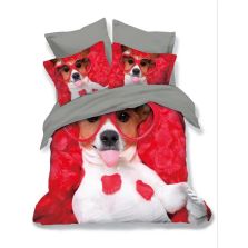 Lenjerie de pat dublu bumbac Finet 3D 6 piese 220 x 240 cm, Catelusi cu ochelari, Rosu Gri, Pucioasa FN3D43