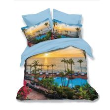 Lenjerie de pat dublu bumbac Finet 3D 6 piese 220 x 240 cm, Palmieri si plaja, Albastru, Pucioasa FN3D47