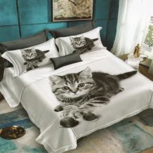 Lenjerie de pat dublu bumbac Finet 3D 6 piese 220 x 240 cm, Pisicuta, Alb Gri, Pucioasa FN3D62