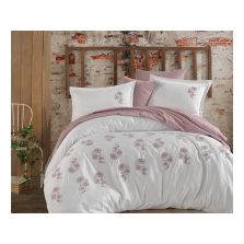 Lenjerie pat Satin Brodat Premium Lux 100% Bumbac, 6 piese king size, cearsaf 240x260 cm, pilota 200x220 cm, 2 fete perne brodate 50x70 cm, 2 fete perne simple 50x70cm, Clasy Yade V1 Mov Elegant