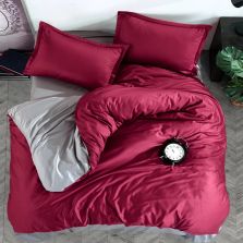 Lenjerie pat dublu Bumbac 100% Ranforce 4 piese extra large, cearsaf pat 240x260 cm, pilota 200x220 cm, 2 fete perne 50x70 cm, Gri / Rosu PRESTIGE V1