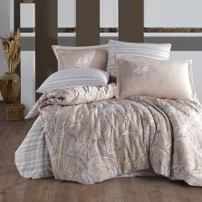 Lenjerie pat premium Lux Satin 100% Bumbac, 4 piese king size, cearsaf 240x260 cm, pilota 200x220 cm, 2 fete perne 50x70 cm, Bej Elegant, Palmira