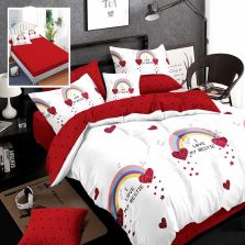 Lenjerie de pat dublu bumbac Finet 6 piese cu elastic la cearsaf 180 x 200 cm, Curcubeu, Rosu Alb, Ralex Pucioasa HF6P75