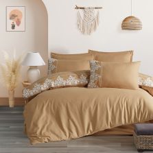 Lenjerie pat dublu Jacquard 100% Bumbac 6 piese, cearsaf pat 240x260 cm, pilota 200x220 cm, 2 fete perne 50x70 si 70x70 cm, Clasy, Bej OSELA V1