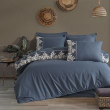 Lenjerie pat dublu Jacquard 100% Bumbac 6 piese, cearsaf pat 240x260 cm, pilota 200x220 cm, 2 fete perne 50x70 si 70x70 cm, Clasy, Albastru OSELA V4