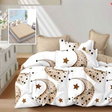 Lenjerie pat dublu Finet Bumbac 6 piese cu husa saltea 160x200 sau 180x200 cm, pilota 200x230 cm, 2 fete perna 50x70 si 70x70 cm, Alb / Bej, Pucioasa PEYTON H