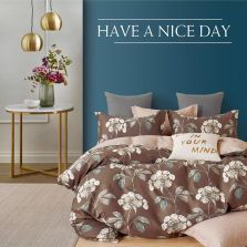 Lenjerie pat dublu 6 piese Percale Bumbac 100%, 6 piese, cu husa saltea 160x200 sau 180x200 cm, pilota 200x230 cm, 2 fete perna 50x70 cm si 70x70 cm, Flori Maro, Pucioasa