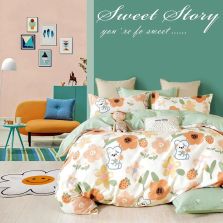 Lenjerie pat dublu 6 piese Percale Bumbac 100%, 6 piese, cu husa saltea 160x200 sau 180x200 cm, pilota 200x230 cm, 2 fete perna 50x70 cm si 70x70 cm, Iepuras Portocaliu / Verde, Pucioasa