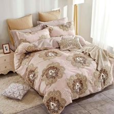 Lenjerie pat dublu 6 piese Percale Bumbac 100%, 6 piese, cu husa saltea 160x200 sau 180x200 cm, pilota 200x230 cm, 2 fete perna 50x70 cm si 70x70 cm, Elegant Bej / Maro, Pucioasa