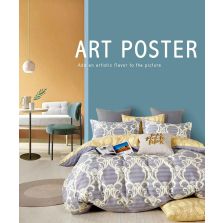 Lenjerie pat dublu 6 piese Percale Bumbac 100%, 6 piese, cu husa saltea 160x200 sau 180x200 cm, pilota 200x230 cm, 2 fete perna 50x70 cm si 70x70 cm, Modern Mov / Galben, Pucioasa