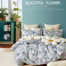 Lenjerie pat dublu 6 piese Percale Bumbac 100%, 6 piese, cu husa saltea 160x200 sau 180x200 cm, pilota 200x230 cm, 2 fete perna 50x70 cm si 70x70 cm, Flori Bej / Gri, Pucioasa