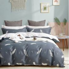 Lenjerie de pat o persoana Percalle imprimat Bumbac 100% 3 piese cearsaf pat 160x240 cm, pilota 150x220 cm, fata perna 50x70 cm, Pene Alb / Gri, Pucioasa