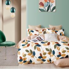 Lenjerie de pat o persoana Percalle imprimat Bumbac 100% 3 piese cearsaf pat 160x240 cm, pilota 150x220 cm, fata perna 50x70 cm, Frunze Bej, Pucioasa