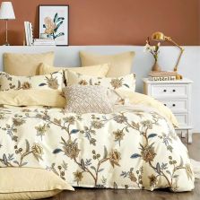 Lenjerie de pat dublu king size Percalle imprimat Bumbac 100% 6 piese cearsaf pat 240x260 cm, pilota 200x230 cm, 2 fete perne 50x70 cm, 2 fete perne 70x70 cm Eleganta Bej / Galben, Pucioasa