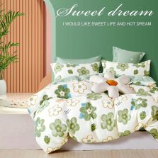 Lenjerie de pat dublu Percalle imprimat Bumbac 100% 4 piese cearsaf pat 240x260 cm, pilota 200x230 cm, 2 fete perne 50x70 cm, Floricele Alb / Verde, Pucioasa