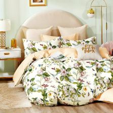 Lenjerie de pat dublu king size Percalle imprimat Bumbac 100% 6 piese cearsaf pat 240x260 cm, pilota 200x230 cm, 2 fete perne 50x70 cm, 2 fete perne 70x70 cm Flori salbatice Bej / Verde, Pucioasa