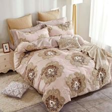 Lenjerie de pat dublu king size Percalle imprimat Bumbac 100% 6 piese cearsaf pat 240x260 cm, pilota 200x230 cm, 2 fete perne 50x70 cm, 2 fete perne 70x70 cm Elegant Bej / Maro, Pucioasa