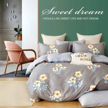 Lenjerie de pat dublu king size Percalle imprimat Bumbac 100% 6 piese cearsaf pat 240x260 cm, pilota 200x230 cm, 2 fete perne 50x70 cm, 2 fete perne 70x70 cm Flori Gri, Pucioasa