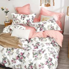 Lenjerie de pat dublu king size Percalle imprimat Bumbac 100% 6 piese cearsaf pat 240x260 cm, pilota 200x230 cm, 2 fete perne 50x70 cm, 2 fete perne 70x70 cm Flori Alb / Roz, Pucioasa