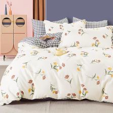 Lenjerie pat dublu 6 piese Percale Bumbac 100%, 6 piese, cu husa saltea 160x200 sau 180x200 cm, pilota 200x230 cm, 2 fete perna 50x70 cm si 70x70 cm, Flori Galben, Pucioasa