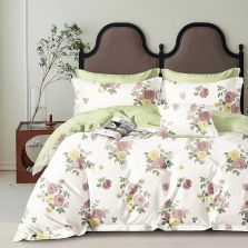 Lenjerie pat dublu 6 piese Percale Bumbac 100%, 6 piese, cu husa saltea 160x200 sau 180x200 cm, pilota 200x230 cm, 2 fete perna 50x70 cm si 70x70 cm, Flori Crem / Verde, Pucioasa